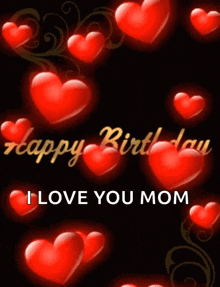 a happy birthday card with red hearts on a black background