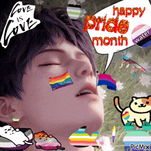 a picture of a person with a rainbow flag on their face with a speech bubble that says happy pride month