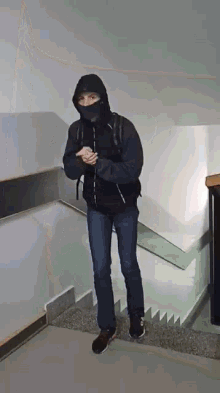 a man wearing a hooded jacket and a mask is standing on stairs .