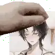 a hand is touching a girl 's forehead with a towel .