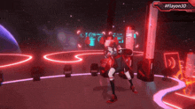 a video game screen shows a girl in a red outfit and the hashtag #flayon3d