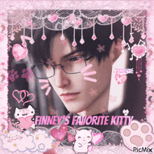 a picture of a man with glasses and the words finney 's favorite kitty on the bottom