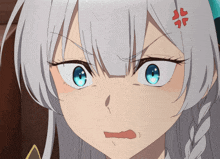 a girl with white hair and blue eyes is making a funny face
