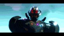 a robot with red eyes and a necklace of gems