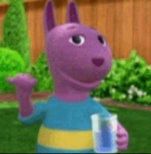 a cartoon character from backyardigans is holding a glass of water and waving .