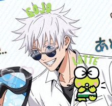 a drawing of a person with sunglasses and the word gojo on their head