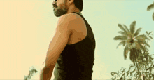 a man in a black tank top is standing in front of palm trees and the word roman is written in red