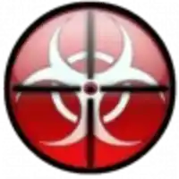 a red circle with a crosshair and a biohazard symbol in the center .