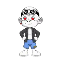 a cartoon of a monkey wearing a jacket and shorts with the word zhou on the side