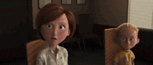 a cartoon of a woman and a boy looking at something