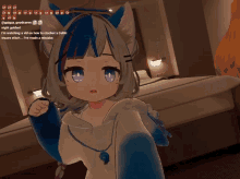 a screenshot of a video game shows a girl with a blue and white hair