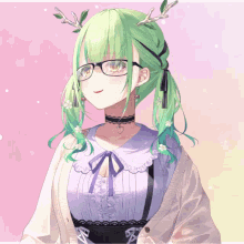 a girl with green hair and glasses is wearing a purple top
