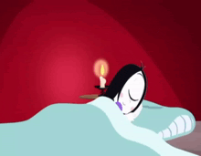 a cartoon character is sleeping in bed with a candle in her hand