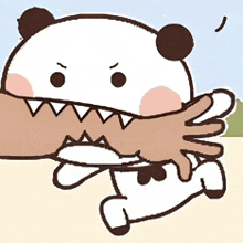 a cartoon panda bear is biting another panda bear 's arm