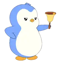 a cartoon of a penguin holding a bell with the word shame behind it