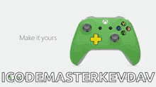 a yellow video game controller with blue buttons and the words make it yours on the bottom .