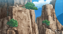 a cartoon network advertisement shows a cliff with trees