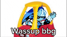 a cartoon character is sitting in a little tikes car with the words wassup bbg below it