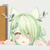 a close up of a girl with green hair and antlers on her head