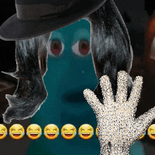 a person wearing a hat and a glove with smiley faces on them