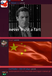 a man in a suit says " never trust a fart " next to a picture of a flag
