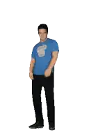 a man wearing a blue shirt with the number 8 on it is dancing