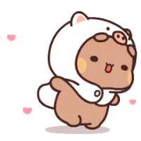 a cartoon bear is wearing a pig costume and hugging someone .
