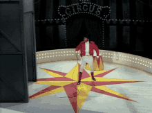 a man in a red jacket stands in front of a circus entrance