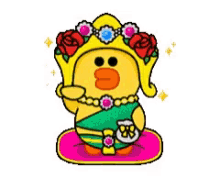 a cartoon duck wearing a crown and a necklace is sitting on a mat .