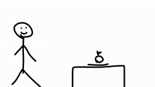 a stick figure with a speech bubble that says apple on it