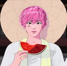 a man with pink hair holds a slice of watermelon