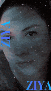 a close up of a woman 's face with the name ziya in blue letters