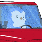 a penguin is driving a red car with its head out the window