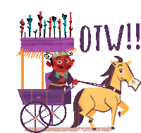 Male Ondel-ondel Drives A Horse Buggy With Caption "Otw" In English Sticker - Ondel Ondel In Love Horse Cart Stickers