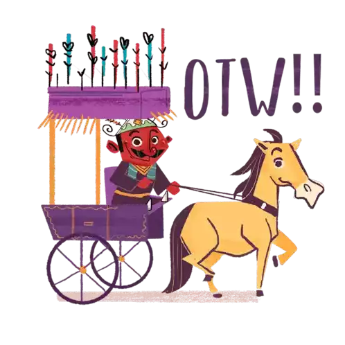 Male Ondel-ondel Drives A Horse Buggy With Caption "Otw" In English Sticker - Ondel Ondel In Love Horse Cart Stickers