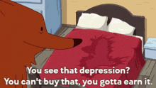 a cartoon of a dog looking at a bed with a red blanket