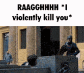 a man in a captain america uniform is standing in front of a building with the words raagghhhh * i violently kill you *