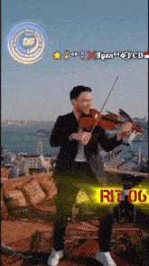 a man in a suit is playing a violin with the name ryan on the bottom right