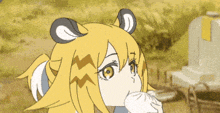 a cartoon drawing of a girl with yellow hair and a bear ear