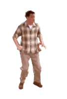 a man in a plaid shirt is dancing with his arms in the air .