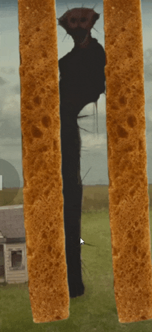 a picture of a house and a field with a sponge sticking out