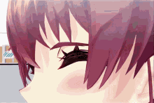 a close up of a girl 's face with purple hair and long eyelashes