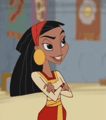 a cartoon of a woman with her arms crossed is smiling