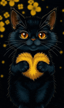a black cat with orange eyes is holding a yellow heart