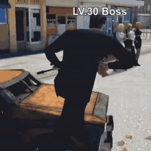 a man in a suit is standing next to a car with the words lv.30 boss above him