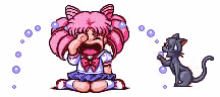 a pixel art of a girl with pink hair sitting next to a cat with a yellow explosion .