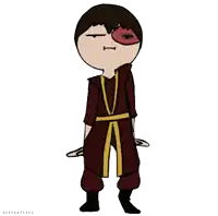 a cartoon drawing of a man with a red eye and a yellow belt