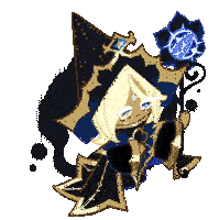 a cartoon character with blonde hair is wearing a blue and gold outfit and holding a blue flower .