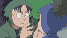 two cartoon characters are looking at each other and one has a flower on his hat