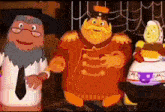 a group of three cartoon characters are standing next to each other .